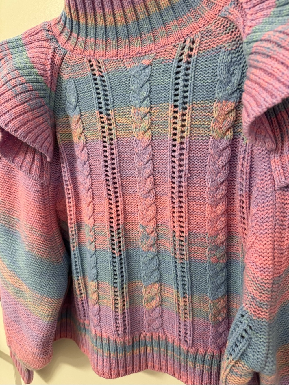 Something Navy Pastel Ombre Cable Knit Ruffle Shoulder Sweater - Picture 2 of 4